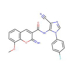 COc1cccc2cc(C(=O)Nc3c(C#N)ncn3-c3ccc(F)cc3)c(=N)oc12 ZINC000084714203