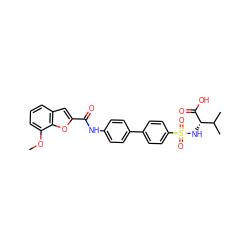 COc1cccc2cc(C(=O)Nc3ccc(-c4ccc(S(=O)(=O)N[C@H](C(=O)O)C(C)C)cc4)cc3)oc12 ZINC000028461716