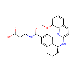 COc1cccc2ccc(N[C@@H](CC(C)C)c3ccc(C(=O)NCCC(=O)O)cc3)nc12 ZINC000146630321