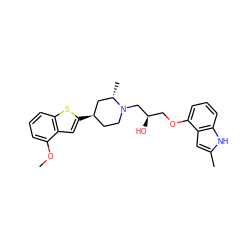 COc1cccc2sc([C@@H]3CCN(C[C@H](O)COc4cccc5[nH]c(C)cc45)[C@@H](C)C3)cc12 ZINC000013587182