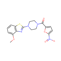 COc1cccc2sc(N3CCN(C(=O)c4ccc([N+](=O)[O-])o4)CC3)nc12 ZINC000005181714