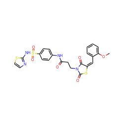 COc1ccccc1/C=C1/SC(=O)N(CCC(=O)Nc2ccc(S(=O)(=O)Nc3nccs3)cc2)C1=O ZINC000008684044