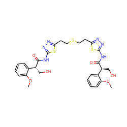 COc1ccccc1[C@@H](CO)C(=O)Nc1nnc(CCSCCc2nnc(NC(=O)[C@@H](CO)c3ccccc3OC)s2)s1 ZINC000169698059