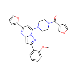 COc1ccccc1-c1cc2nc(-c3ccco3)cc(N3CCN(C(=O)c4ccoc4)CC3)n2n1 ZINC000095570397