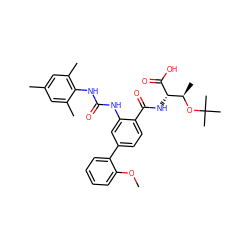 COc1ccccc1-c1ccc(C(=O)N[C@H](C(=O)O)[C@@H](C)OC(C)(C)C)c(NC(=O)Nc2c(C)cc(C)cc2C)c1 ZINC000042876041