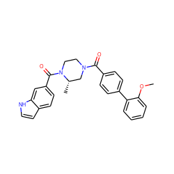 COc1ccccc1-c1ccc(C(=O)N2CCN(C(=O)c3ccc4cc[nH]c4c3)[C@@H](C)C2)cc1 ZINC000049034033