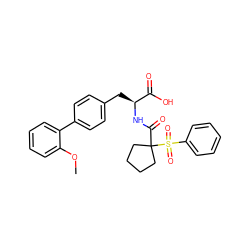 COc1ccccc1-c1ccc(C[C@H](NC(=O)C2(S(=O)(=O)c3ccccc3)CCCC2)C(=O)O)cc1 ZINC000013488135