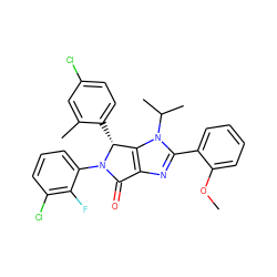 COc1ccccc1-c1nc2c(n1C(C)C)[C@@H](c1ccc(Cl)cc1C)N(c1cccc(Cl)c1F)C2=O ZINC000169705485