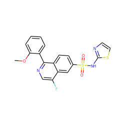 COc1ccccc1-c1ncc(F)c2cc(S(=O)(=O)Nc3nccs3)ccc12 ZINC000215503222