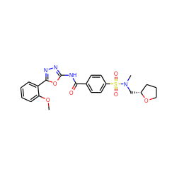 COc1ccccc1-c1nnc(NC(=O)c2ccc(S(=O)(=O)N(C)C[C@@H]3CCCO3)cc2)o1 ZINC000009599617