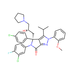 COc1ccccc1-n1nc2c(c1C(C)C)[C@](C[C@H](O)CN1CCCC1)(c1ccc(Cl)cc1)N(c1ccc(F)c(Cl)c1)C2=O ZINC000224100999