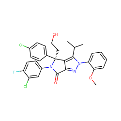 COc1ccccc1-n1nc2c(c1C(C)C)[C@](CCO)(c1ccc(Cl)cc1)N(c1ccc(F)c(Cl)c1)C2=O ZINC000224120076