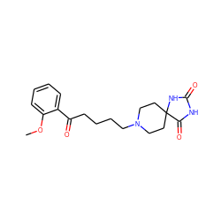 COc1ccccc1C(=O)CCCCN1CCC2(CC1)NC(=O)NC2=O ZINC000026647963