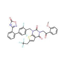 COc1ccccc1C(=O)Cn1c(=O)c2cc(CC(F)(F)F)sc2n(Cc2c(F)cc(-c3ccccc3-c3noc(=O)[nH]3)cc2F)c1=O ZINC000096169970