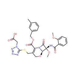 COc1ccccc1C(=O)N[C@]1(OC)C(=O)N2C(C(=O)OCc3cccc(C)c3)=C(CSc3nnnn3CC(=O)O)CO[C@@H]21 ZINC000004392917