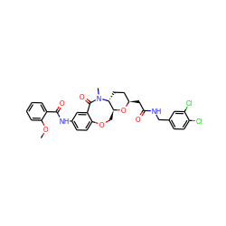 COc1ccccc1C(=O)Nc1ccc2c(c1)C(=O)N(C)[C@@H]1CC[C@@H](CC(=O)NCc3ccc(Cl)c(Cl)c3)O[C@H]1CO2 ZINC000095599603