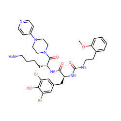 COc1ccccc1CCNC(=O)N[C@@H](Cc1cc(Br)c(O)c(Br)c1)C(=O)N[C@H](CCCCN)C(=O)N1CCN(c2ccncc2)CC1 ZINC000095606758