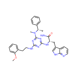 COc1ccccc1CCNc1nc(N[C@@H](Cc2c[nH]c3ncccc23)C(N)=O)nc(N(C)[C@@H](C)c2ccccc2)n1 ZINC000043193846