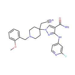 COc1ccccc1CN1CCC(CC#N)(n2cc(C(N)=O)c(Nc3ccnc(F)c3)n2)CC1 ZINC000222089358
