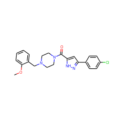 COc1ccccc1CN1CCN(C(=O)c2cc(-c3ccc(Cl)cc3)n[nH]2)CC1 ZINC000071316310