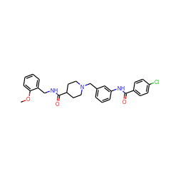 COc1ccccc1CNC(=O)C1CCN(Cc2cccc(NC(=O)c3ccc(Cl)cc3)c2)CC1 ZINC001772636081