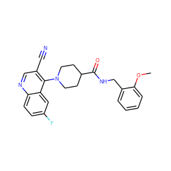 COc1ccccc1CNC(=O)C1CCN(c2c(C#N)cnc3ccc(F)cc23)CC1 ZINC000038653593