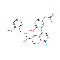 COc1ccccc1CNC(=O)N1CCc2c(F)ccc(-c3cc(CC(=O)O)ccc3OC)c2C1 ZINC000144129992