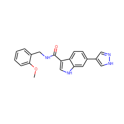 COc1ccccc1CNC(=O)c1c[nH]c2cc(-c3cn[nH]c3)ccc12 ZINC000073168905