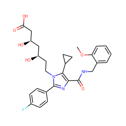 COc1ccccc1CNC(=O)c1nc(-c2ccc(F)cc2)n(CC[C@@H](O)C[C@@H](O)CC(=O)O)c1C1CC1 ZINC000071281342