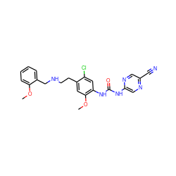 COc1ccccc1CNCCc1cc(OC)c(NC(=O)Nc2cnc(C#N)cn2)cc1Cl ZINC000072318132