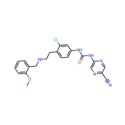 COc1ccccc1CNCCc1ccc(NC(=O)Nc2cnc(C#N)cn2)cc1Cl ZINC000169129877