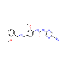 COc1ccccc1CNCc1ccc(NC(=O)Nc2cnc(C#N)cn2)c(OC)c1 ZINC000146243192