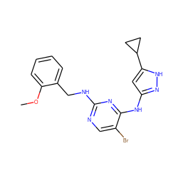 COc1ccccc1CNc1ncc(Br)c(Nc2cc(C3CC3)[nH]n2)n1 ZINC000035817778