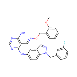 COc1ccccc1CO/N=C/c1c(N)ncnc1Nc1ccc2c(cnn2Cc2cccc(F)c2)c1 ZINC000029043935