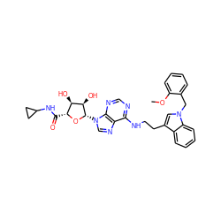 COc1ccccc1Cn1cc(CCNc2ncnc3c2ncn3[C@@H]2O[C@H](C(=O)NC3CC3)[C@@H](O)[C@H]2O)c2ccccc21 ZINC000012405765