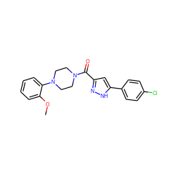 COc1ccccc1N1CCN(C(=O)c2cc(-c3ccc(Cl)cc3)[nH]n2)CC1 ZINC000014049704