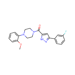 COc1ccccc1N1CCN(C(=O)c2cc(-c3cccc(F)c3)n[nH]2)CC1 ZINC000071317416