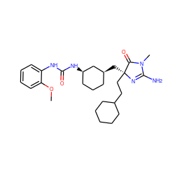 COc1ccccc1NC(=O)N[C@@H]1CCC[C@H](C[C@@]2(CCC3CCCCC3)N=C(N)N(C)C2=O)C1 ZINC000200287028