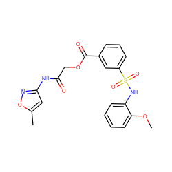 COc1ccccc1NS(=O)(=O)c1cccc(C(=O)OCC(=O)Nc2cc(C)on2)c1 ZINC000002653289