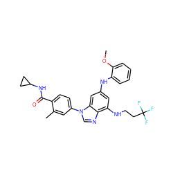 COc1ccccc1Nc1cc(NCCC(F)(F)F)c2ncn(-c3ccc(C(=O)NC4CC4)c(C)c3)c2c1 ZINC000203532943