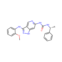 COc1ccccc1Nc1n[nH]c2cc(NC(=O)N[C@H](C)c3ccccc3)ncc12 ZINC000210731250