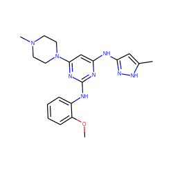 COc1ccccc1Nc1nc(Nc2cc(C)[nH]n2)cc(N2CCN(C)CC2)n1 ZINC000169312506