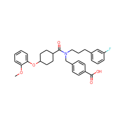 COc1ccccc1OC1CCC(C(=O)N(CCCc2cccc(F)c2)Cc2ccc(C(=O)O)cc2)CC1 ZINC001772580289