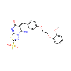 COc1ccccc1OCCOc1ccc(/C=C2\C(=N)N3N=C(S(C)(=O)=O)SC3=NC2=O)cc1 ZINC000015936104