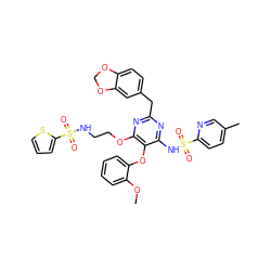 COc1ccccc1Oc1c(NS(=O)(=O)c2ccc(C)cn2)nc(Cc2ccc3c(c2)OCO3)nc1OCCNS(=O)(=O)c1cccs1 ZINC000028089969