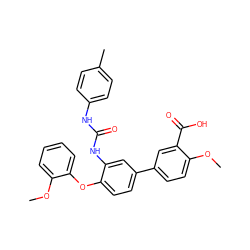 COc1ccccc1Oc1ccc(-c2ccc(OC)c(C(=O)O)c2)cc1NC(=O)Nc1ccc(C)cc1 ZINC001772656363