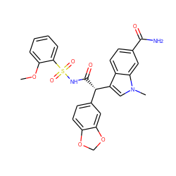 COc1ccccc1S(=O)(=O)NC(=O)[C@@H](c1ccc2c(c1)OCO2)c1cn(C)c2cc(C(N)=O)ccc12 ZINC000013436411