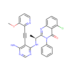 COc1cccnc1C#Cc1c(N)ncnc1N[C@@H](C)c1nc2cccc(Cl)c2c(=O)n1-c1ccccc1 ZINC000219041161