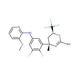 COc1cccnc1Nc1cc(F)c(F)c([C@]2(C)C[C@@H](C(F)(F)F)OC(N)=N2)c1 ZINC000218677352