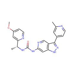 COc1ccnc([C@@H](C)NC(=O)Nc2cc3[nH]nc(-c4ccnc(C)c4)c3cn2)c1 ZINC000261072072